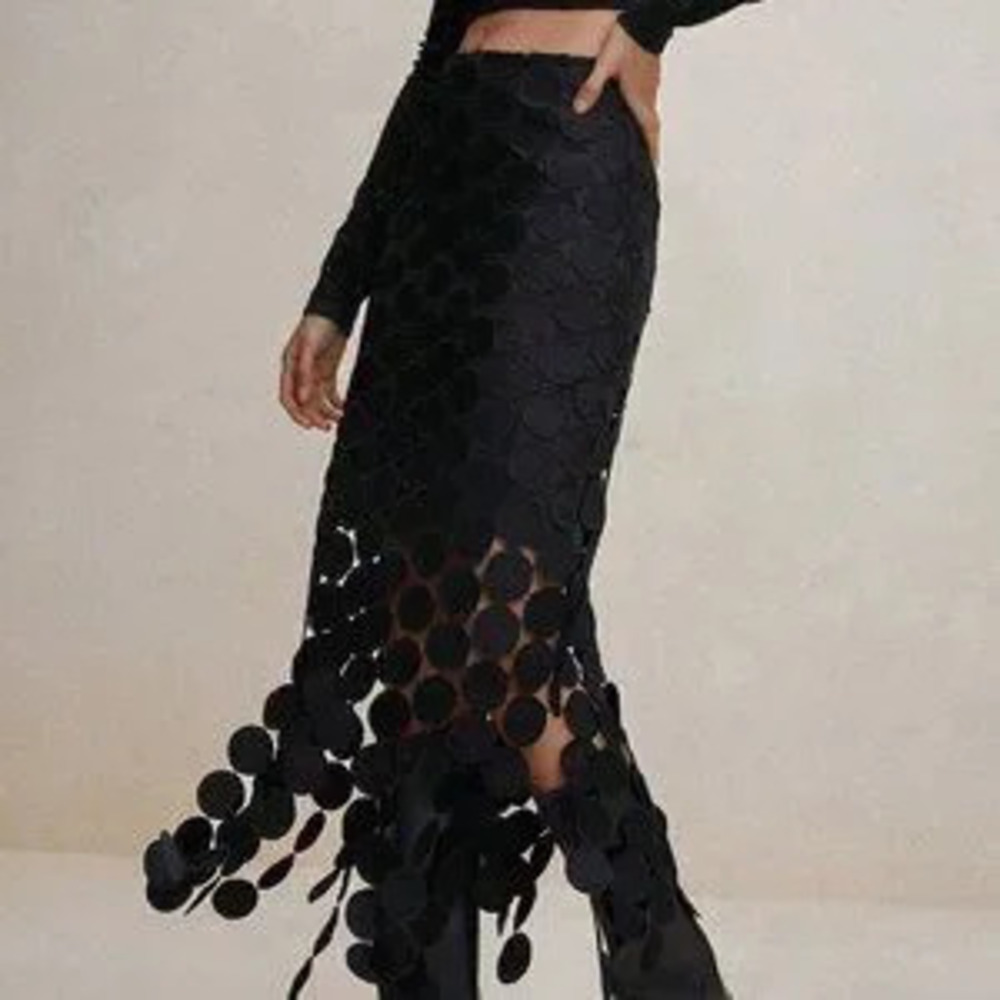 Black Casual Women's Laser Cut Multi Circle Double Layered Skirt